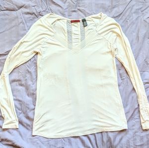 White/cream long sleeve soft tee with mesh cutouts
